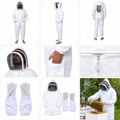 Cotton Beekeeping Suit with Veil & Gloves - White