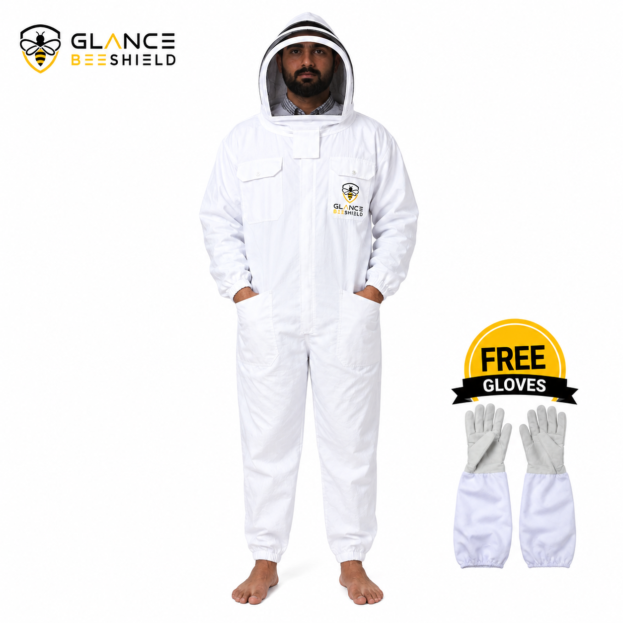 Cotton Beekeeping Suit with Veil & Gloves - White
