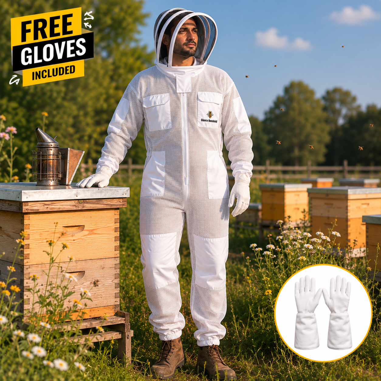 Cotton Beekeeping Suit with Veil & Gloves - White